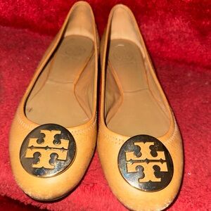 Tory Burch Brown Leather Flats with Gold Logo